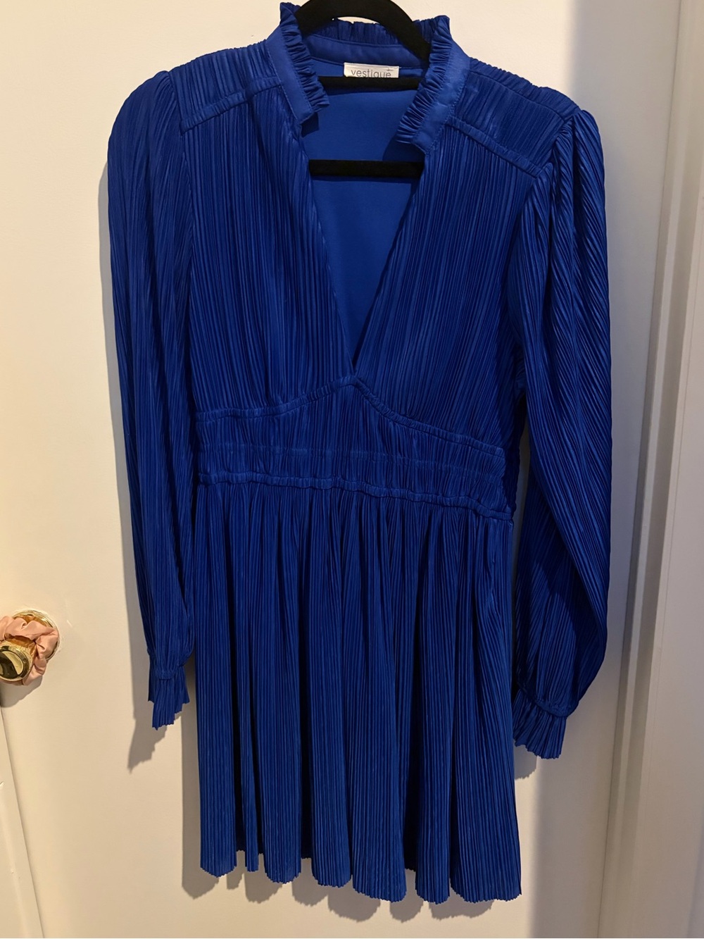 Cobalt Blue Pleated V-Neck Long Sleeve Dress